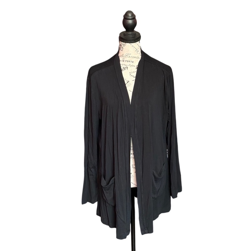 Cielo Black Open Front Cardigan Long Sleeve Pocket Rayon Knit Sweater Large